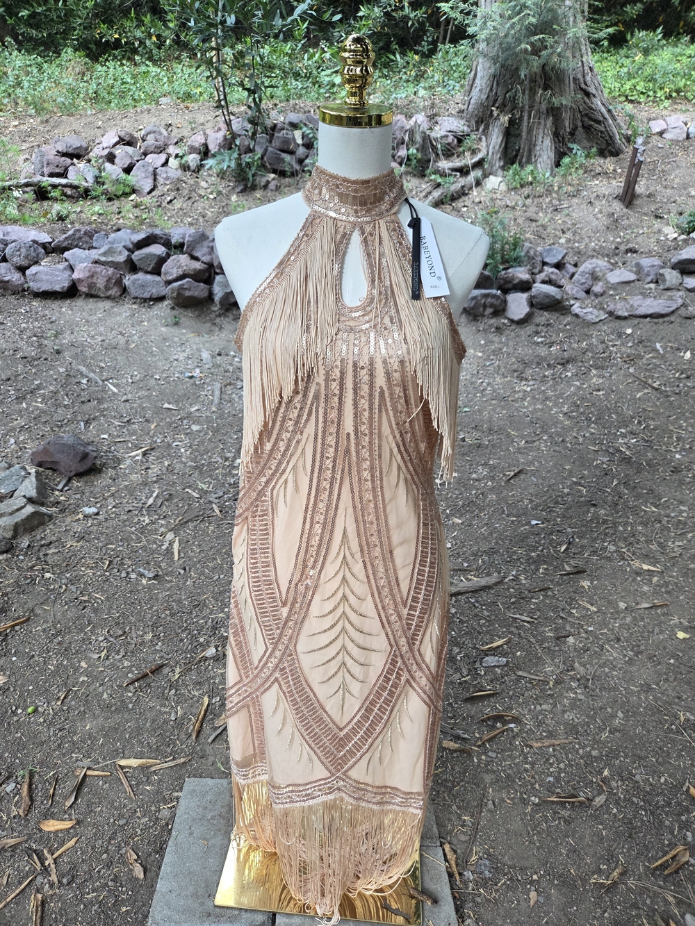 NWT Babeyond 1920s Champagne Flapper Girl Fringe Beades Dress Size Large